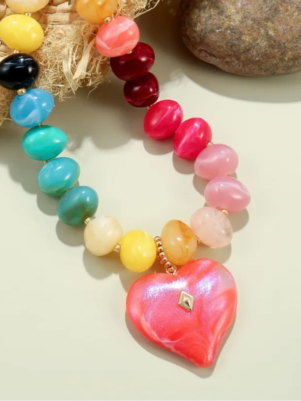 Rainbow Beaded Necklace with Pink Heart Pendant - Picture 5 of 7